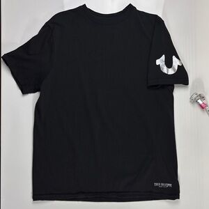 True Religion Black Short-Sleeve Crew Tee with Metallic Logo on sleeve & hip
